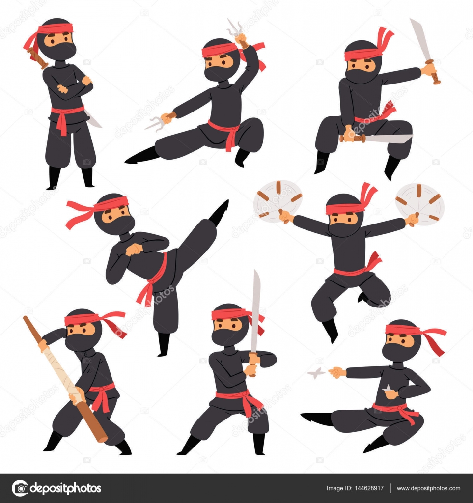 Ninja Assassino Personagem Em Um Traje Preto Completo Em Pé Em Uma Pose De  Combate Com Espadas Katana Atrás Das Costas, Arte Marcial Japonesa  Ilustração Vetorial Sobre Um Fundo Branco Ilustraciones svg