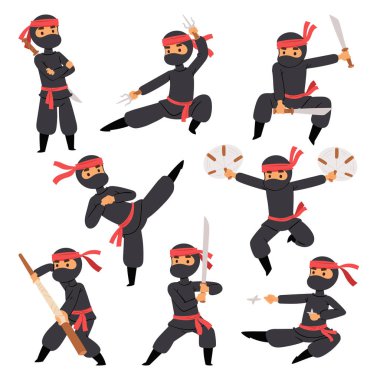 Different poses of ninja fighter in black cloth character warrior sword martial weapon japanese man and karate cartoon person action mask kick vector. clipart