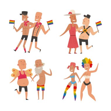 Eşcinsel gay ve lezbiyen insanlar evlilik adam, kadın aile ve renkleri özgür aşk töreni topluluk karakter hoşgörü sembolü vektör çizim çiftler..