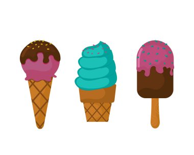 Çikolatalı vanilyalı dondurma koni yumuşak lezzetli ferahlatıcı süt donmuş ürün ve tatlı lezzet krem lezzetli karışık soğuk yiyecek illüstrasyon vektör.