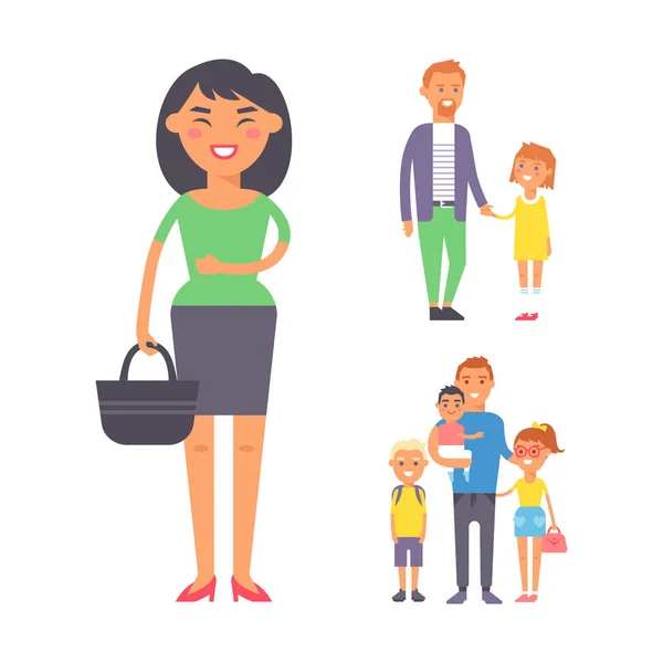 Családi emberek felnőtt boldogság csoport összetartozás nevelési koncepció és alkalmi szülő, vidám, mosolygós életmód boldog karakter vektoros illusztráció. — Stock Vector