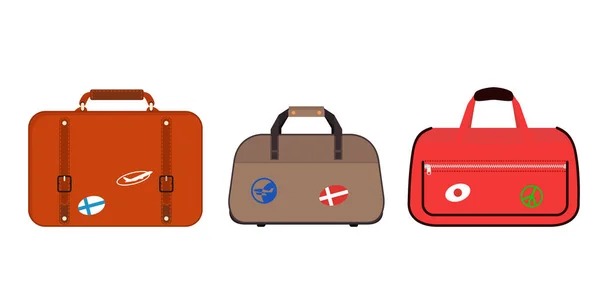 Viaje turismo moda equipaje o equipaje vacaciones manejar cuero gran maletín de embalaje y viaje destino caso bolso en ruedas vector ilustración . — Vector de stock