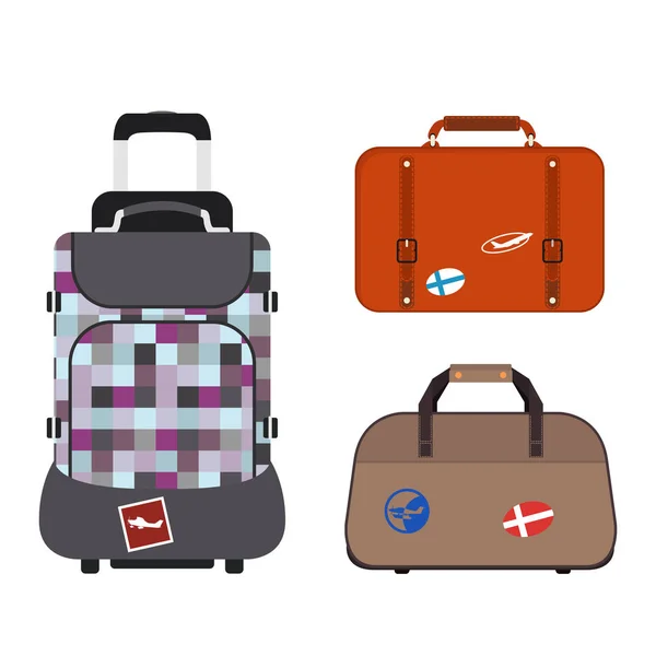 Voyage tourisme mode bagages ou bagages vacances poignée cuir grande valise d'emballage et voyage sac de destination sur roues illustration vectorielle . — Image vectorielle