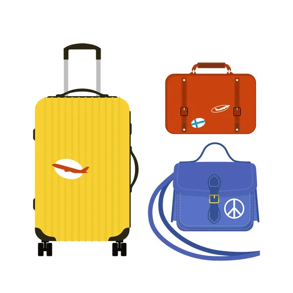 Viaje turismo moda equipaje o equipaje vacaciones manejar cuero gran maletín de embalaje y viaje destino caso bolso en ruedas vector ilustración . — Archivo Imágenes Vectoriales