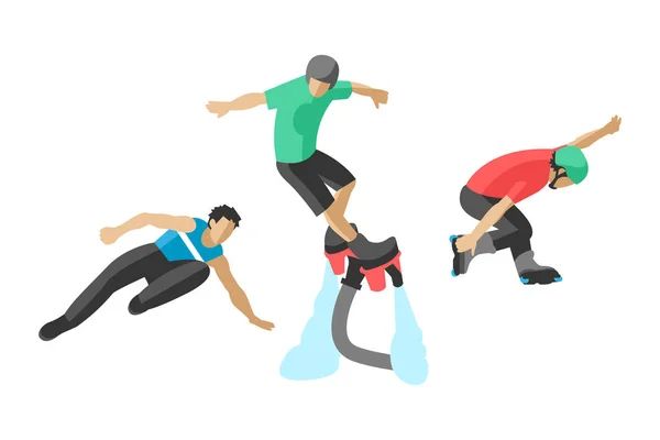 Dibujo vectorial salto extremesilhouettes ilustración vida monopatín conjunto velocidad paracaidista skate patinador patín wakeboard surf flyboard — Vector de stock
