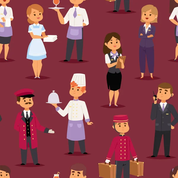 Profesiones del hotel personas trabajadores recepcionista feliz de pie en el mostrador del hotel y personajes lindos en uniforme sin costuras patrón vector ilustración — Vector de stock