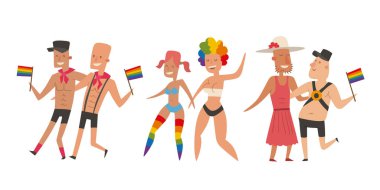 Eşcinsel gay ve lezbiyen insanlar evlilik adam, kadın aile ve renkleri özgür aşk töreni topluluk karakter hoşgörü sembolü vektör çizim çiftler..