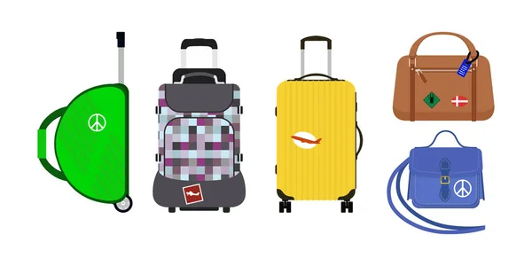 Reizen toerisme mode bagage of bagage vakantie greep leer groot verpakking werkmap en reis bestemming zaak tas op wielen vectorillustratie. — Stockvector