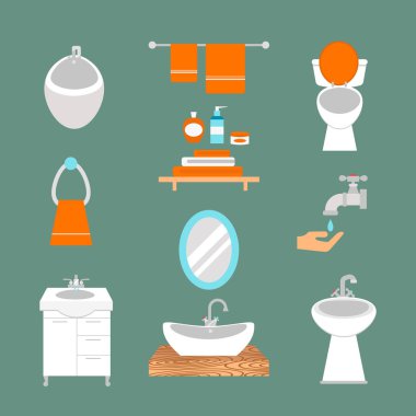 Banyo simgeler kümesi işlemi su tasarruf sembolleri hijyen koleksiyonu ve temiz ev temizlik güzellik kurutma makinesi vektör çizim yıkama ile renkli.