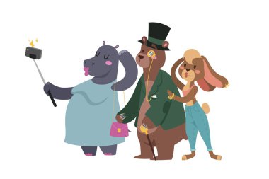 Komik resim fotoğrafçı mamal kişi elini ve sevimli hayvan smartphone kamera vektör çizim ile birlikte bir selfie alarak selfie sopa al.