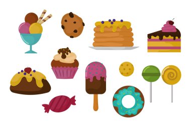 Tatlılar gıda unlu tatlı şekerleme lolipop tasarım şeker ve çikolata kek renkli tatil şeker karamel simge vektör çizim snack.