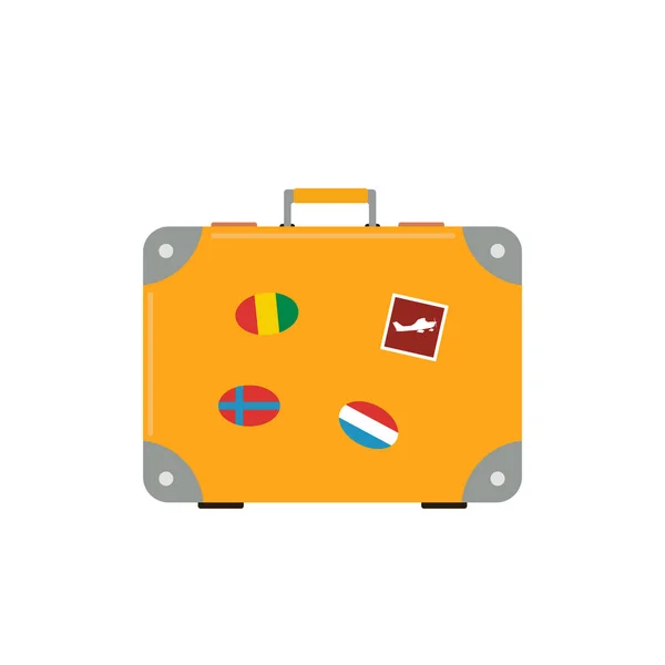 Travel tourism fashion baggage or luggage vacation handle leather big packing briefcase and voyage destination case bag on wheels vector illustration. — Stock Vector