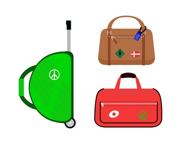 Resa turism mode bagage eller bagage semester handtag läder stor packning portfölj och resa destination case väska på hjul vektorillustration. — Stock vektor