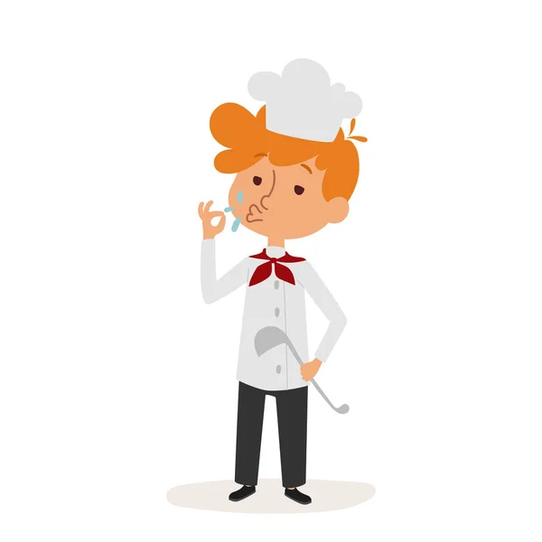Щасливий маленький хлопчик шеф-кухар молодий одягнений кухар совок на білому тлі Векторна професія персонажа людина уніформа працівник ізольовані ілюстрації дитина — стоковий вектор