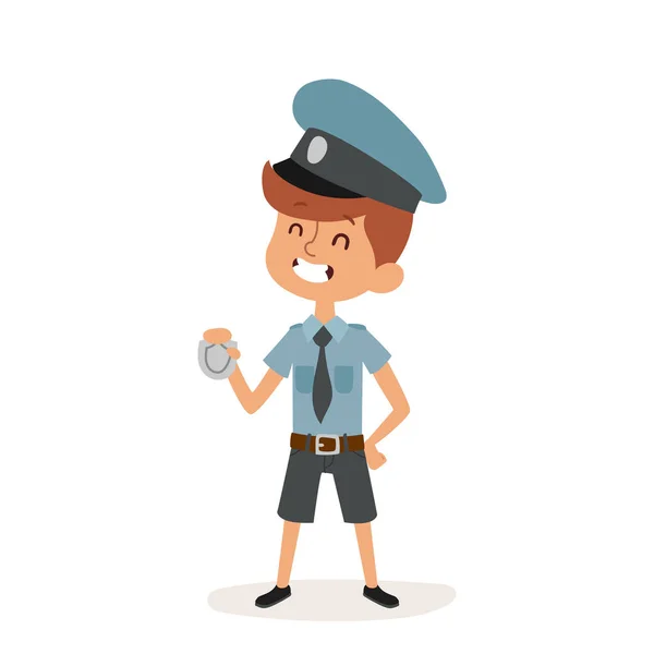 Policía chico gorra y la insignia manos policía dibujos animados personaje persona en fondo blanco vector profesión uniforme trabajador aislado ilustración niño — Archivo Imágenes Vectoriales