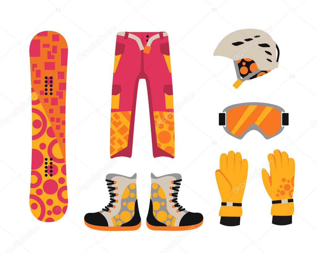 Snowboard sport clothes and tools elements