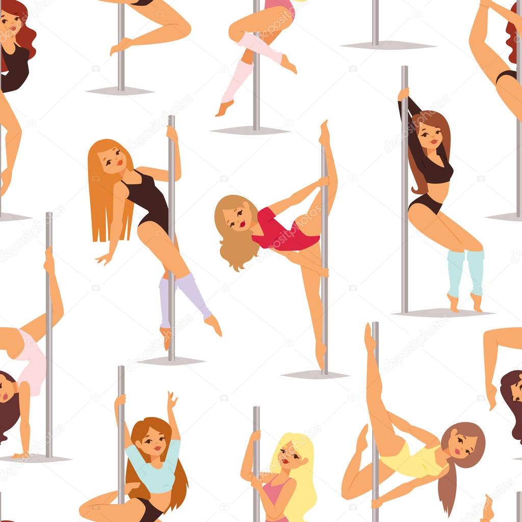 Set of pole dance women cartoon style isolated on white background and young slim beautiful pilon striptease girl seamless pattern vector illustration.