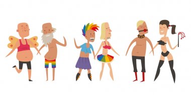Eşcinsel gay ve lezbiyen insanlar evlilik adam, kadın aile ve renkleri özgür aşk töreni topluluk karakter hoşgörü sembolü vektör çizim çiftler..
