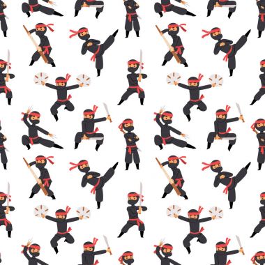 Different poses of ninja fighter in black cloth character warrior sword martial weapon japanese man and karate cartoon person seamless pattern vector. clipart