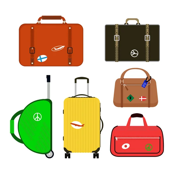 Reisetourismus Mode Reisegepäck oder Reisegepäck Griff Leder Big Packing Aktentasche und Reiseziel Tasche Tasche auf Rädern Vektor Illustration. — Stockvektor