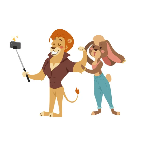 Vicces kép fotós Bernadett személy veszi selfie bottal a kezében, és vesz egy selfie együtt smartphone kamera vektoros illusztráció aranyos állat. — Stock Vector