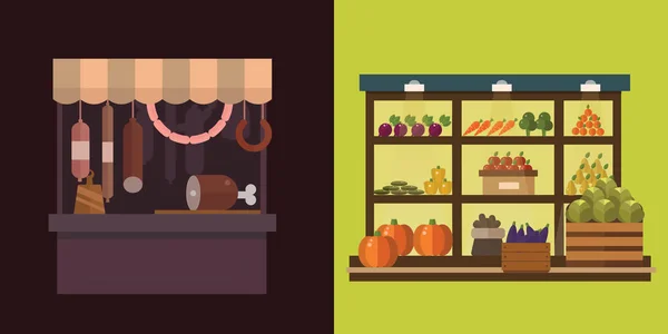 Fruit, groenten, melkproducten, vlees, bakkerij winkel kraam vector set — Stockvector