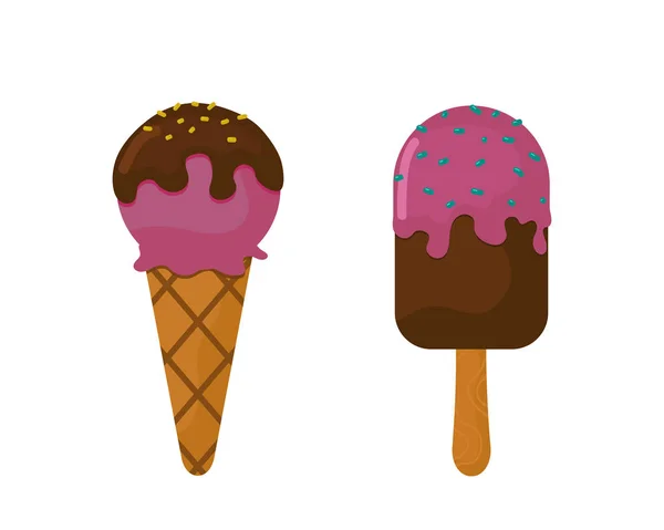 Choklad vanilj glass cone mjuk läckra uppfriskande frysta mejeriprodukt och söt smak krämig god blandad kall mat vektor illustration. — Stock vektor