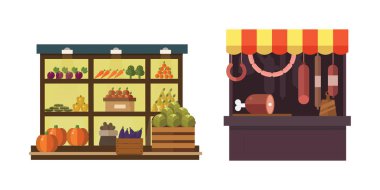 Fruit, vegetables, milk products, meat, bakery shop stall vector set clipart