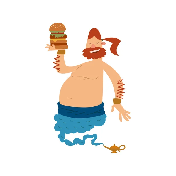 Dibujos animados genio djinn carácter lámpara mágica vector plano ilustración tesoro árabe aladdin milagro hamburguesa que sale en fondo blanco — Vector de stock