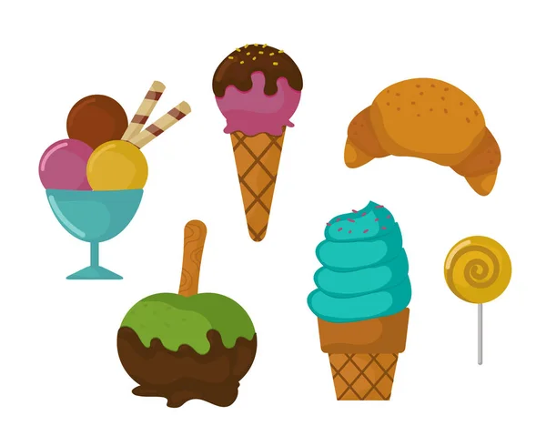 糖果食品烘焙甜点糖糖果棒糖形设计和零食巧克力蛋糕多彩假日糖果焦糖图标矢量图. — 图库矢量图片