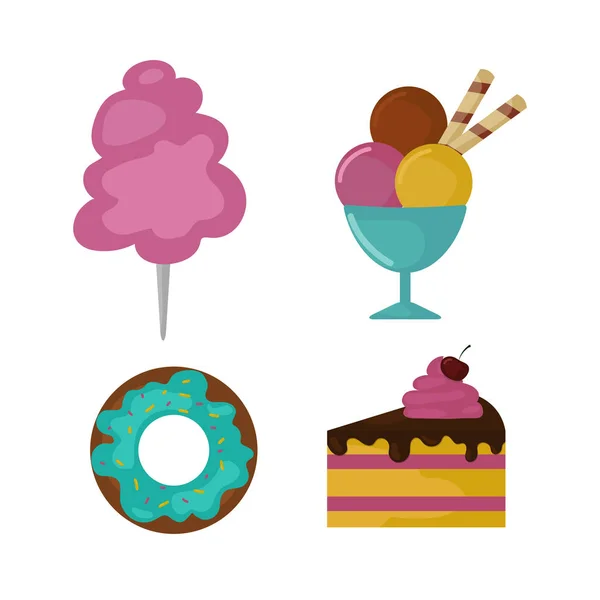 Sweets food bakery dessert sugar confectionery lollipop design and snack chocolate cake colorful holiday candy caramel icon vector illustration. — Stock Vector