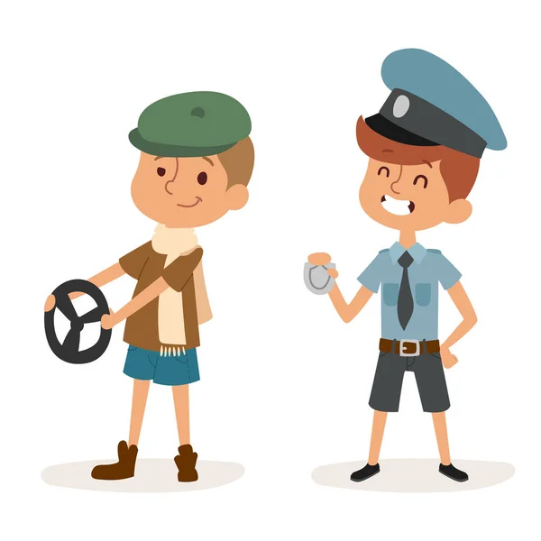 Γελοιογραφία επάγγελμα παιδιά παιδιά διάνυσμα ορίστε εικονογράφηση πρόσωπο παιδική ηλικία αστυνομικός πρόγραμμα οδήγησης ενιαίου εργαζομένου χαρακτήρα — Διανυσματικό Αρχείο
