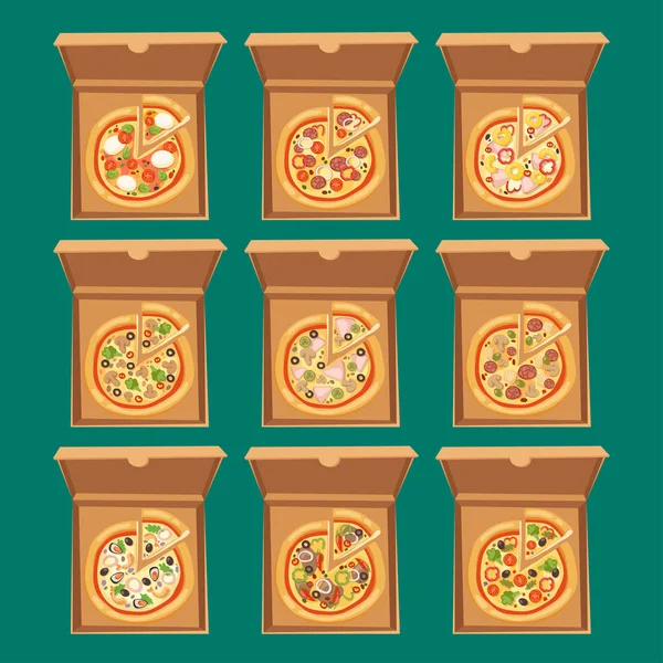 Pizza kryssrutan vektor illustration pappkartong objekt paketet isolerade papper behållare mat design leverans lunch packning öppna torget — Stock vektor