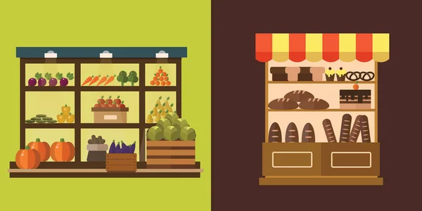 Conjunto de vectores de puestos de panadería, frutas, verduras, productos lácteos, carne — Vector de stock