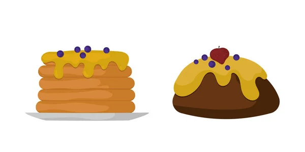 Słodycze jedzenie piekarnia deser cukru cukiernicze naleśniki projektowanie i przekąska ciasto czekoladowe kolorowe wektor Cukierki karmelowe ikona ilustracja. — Wektor stockowy