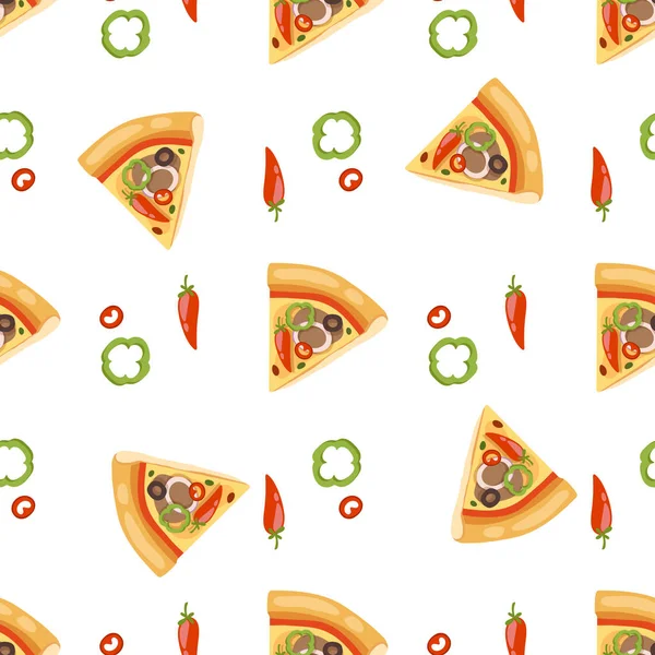 Pizza naadloze patroon vector illustratie stuk segment pizzeria voedsel menu snack op witte achtergrond ingrediënt leveren Italiaanse kaas restaurant — Stockvector