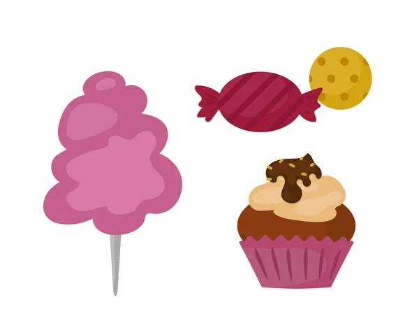 Słodycze jedzenie piekarnia deser cukru cukiernicze lizaka i przekąska ciasto czekoladowe kolorowe wektor Cukierki karmelowe ikona ilustracja. — Wektor stockowy