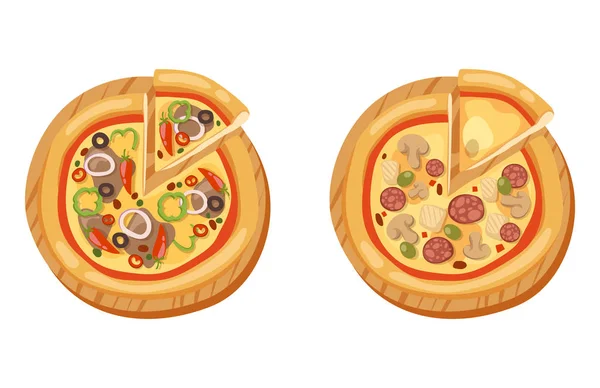 Pizza-plat pictogrammen geïsoleerd vector illustratie stuk segment pizzeria voedsel menu snack op witte achtergrond pepperoni ingrediënt levering Italiaanse set — Stockvector