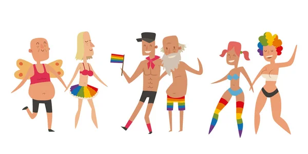 Homossexual gay e lésbicas pessoas casamento homem, mulher casais família e cores livre amor cerimônia comunidade personagens tolerância símbolo vetor ilustração . —  Vetores de Stock