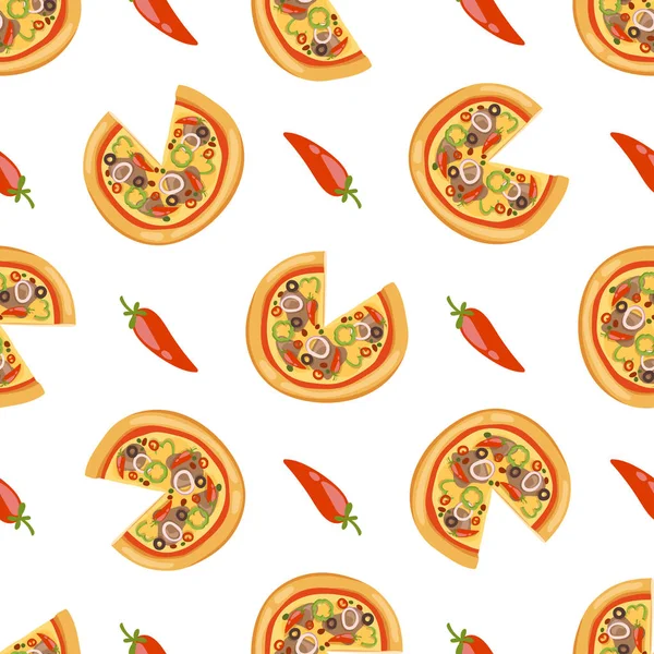 Pizza sömlösa mönster vektor illustration bit slice pizzeria mat menyn mellanmål på vit bakgrund ingrediensen leverera italiensk ost restaurang — Stock vektor