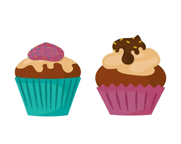 Snoep voedsel bakkerij dessert suiker zoetwaren teal verjaardag cupcake met boter crème ijsvorming ontwerp en snack chocoladetaart vakantie snoep karamel pictogram vectorillustratie. — Stockvector