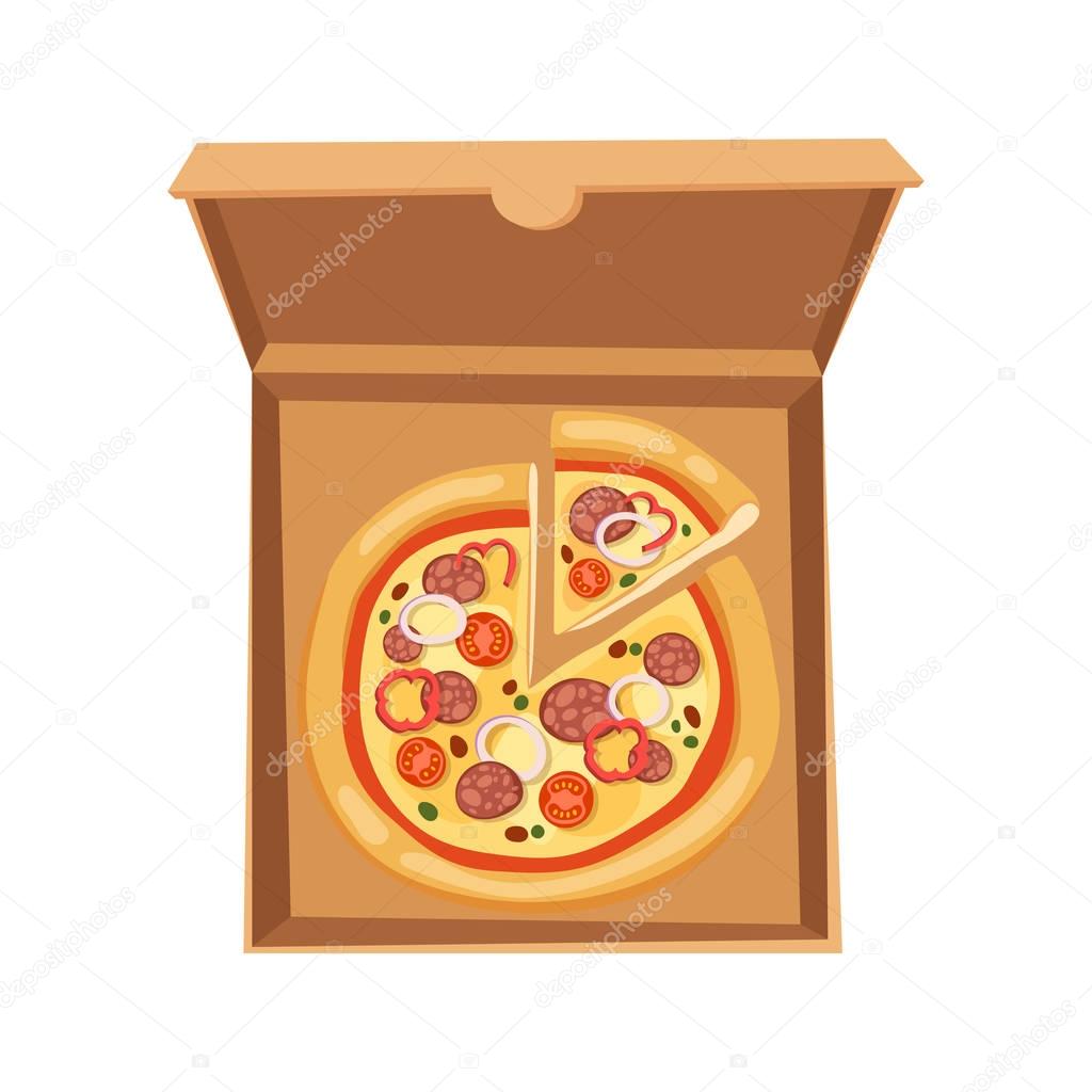 Pizza box vector illustration cardboard carton object package isolated paper container food design delivery lunch packing open square