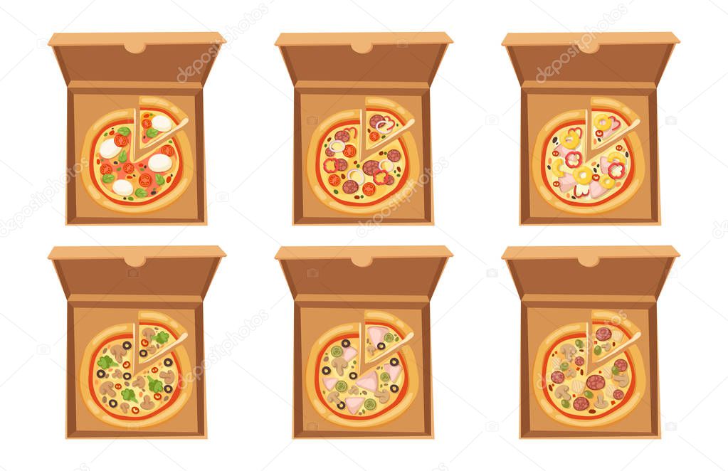 Pizza box vector illustration cardboard carton object package isolated paper container food design delivery lunch packing open square