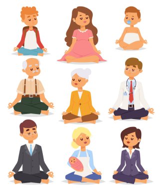 Lotus pozisyonu Yoga poz meditasyon sanat insanlar sakin ol sakin ol izole üzerinde beyaz arka plan tasarım kavramı karakter mutluluk vektör çizim.