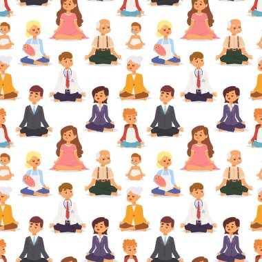 Yoga poz meditasyon sanat dinlenmek insanlar lotus pozisyonu dinlenmek izole üzerinde beyaz Dikişsiz desen arka plan tasarım karakter vektör çizim.
