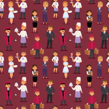 Otel meslekler insanlar işçiler mutlu resepsiyonist otel sayaç ve Tekdüzen Dikişsiz desen vektör çizim içinde sevimli karakterler ayakta