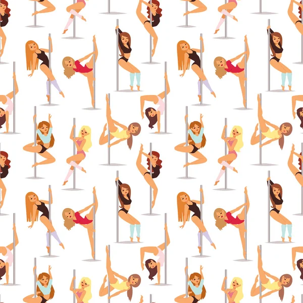 Conjunto de mujeres pole dance estilo de dibujos animados aislados sobre fondo blanco y joven delgado hermoso pilon striptease chica sin costuras patrón vector ilustración . — Vector de stock