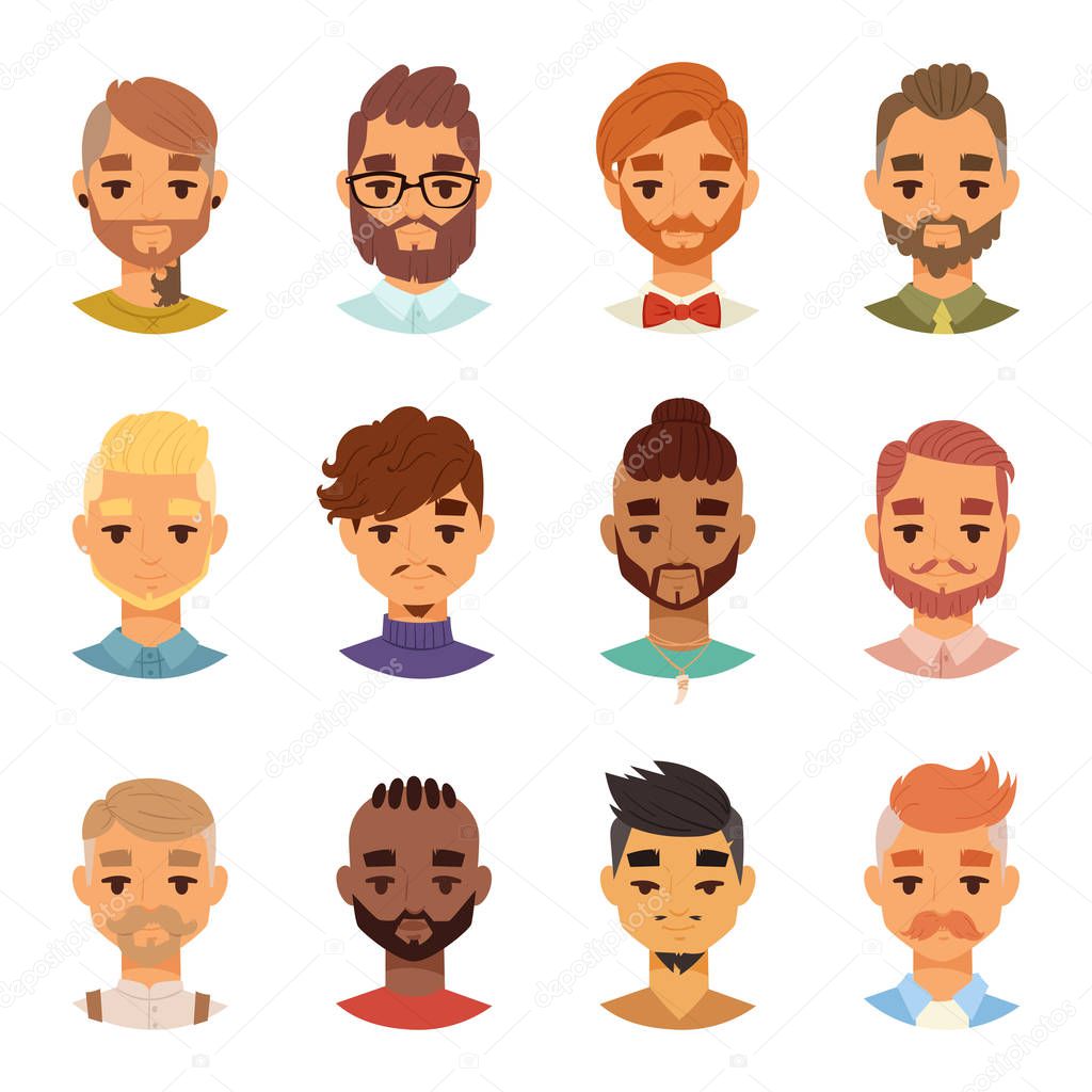 Various expressions bearded man face avatar fashion hipster hairstyle head person mustache vector illustration.