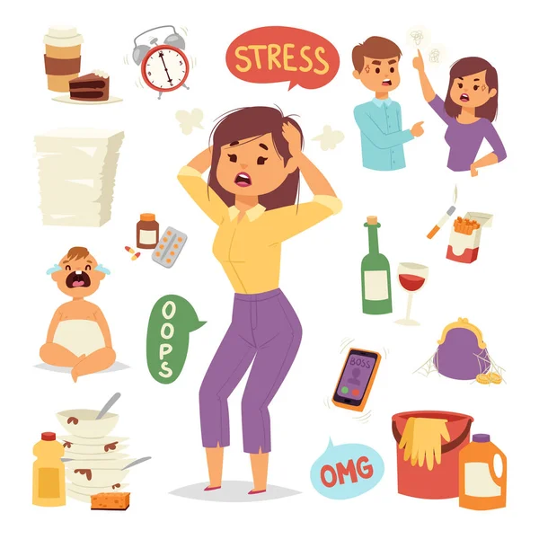 Vector illustration of funny brunette stressed woman with her hands on the head and wide opened mouth headache tired female character. — Stock Vector