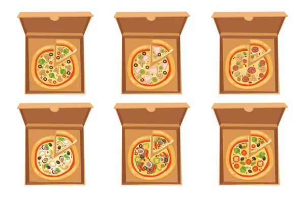 Pizza Box Vektor Illustration Pappe Karton Objekt Paket isoliert Papier Container Lebensmittel Design Lieferung Mittagessen Verpackung offen Quadrat — Stockvektor